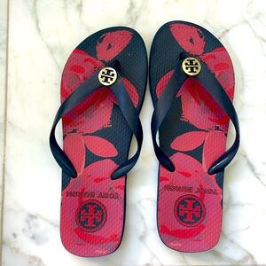 Tori Burch navy pink and red floral flip-flops